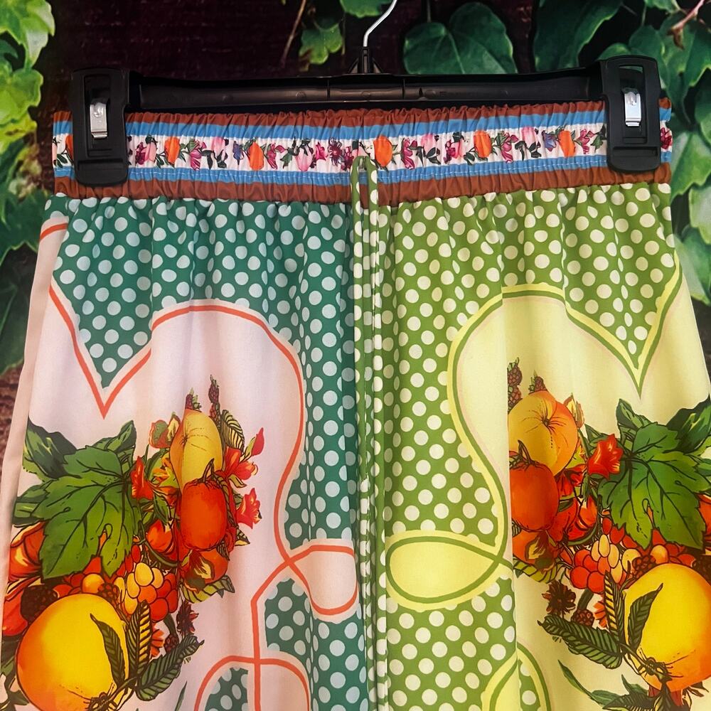 Lemonis Printed Wide Leg Pants XS Fruit Polka Dot Bright Floral Festival Island - Picture 4 of 6